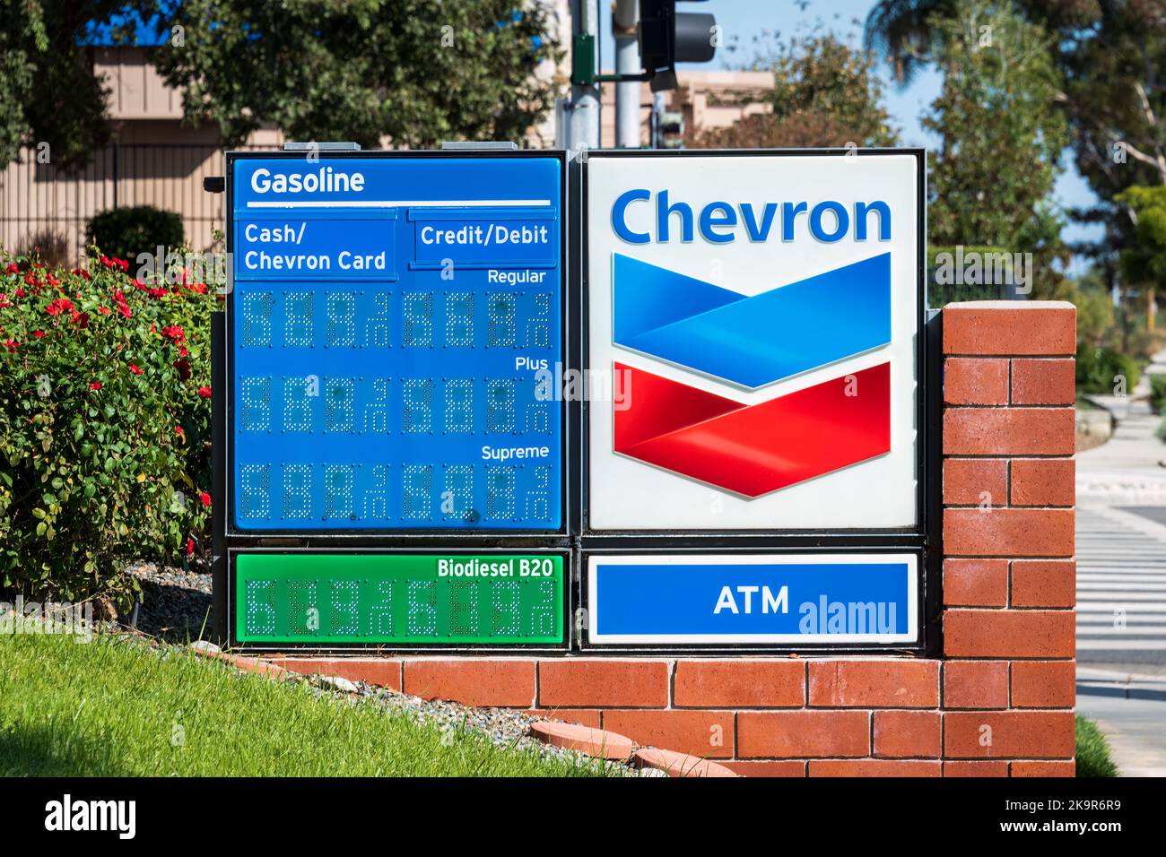 Claremont, CA – Oct 23, 2022: Chevron Corporation is an American multinational energy corporation. The second-largest direct descendant of Standard Oi Stock Photo