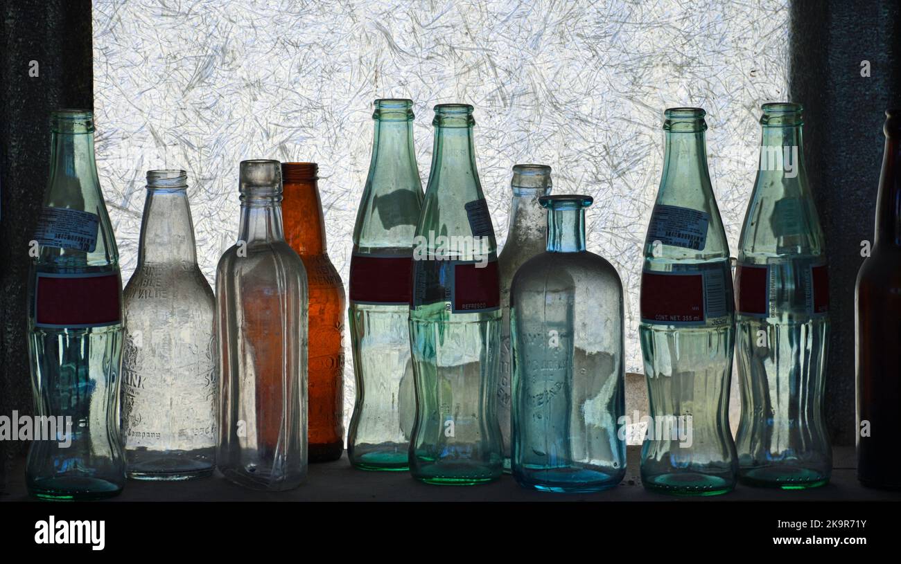 Vintage Glass Bottle Collection in Farmhouse Window Stock Photo Alamy
