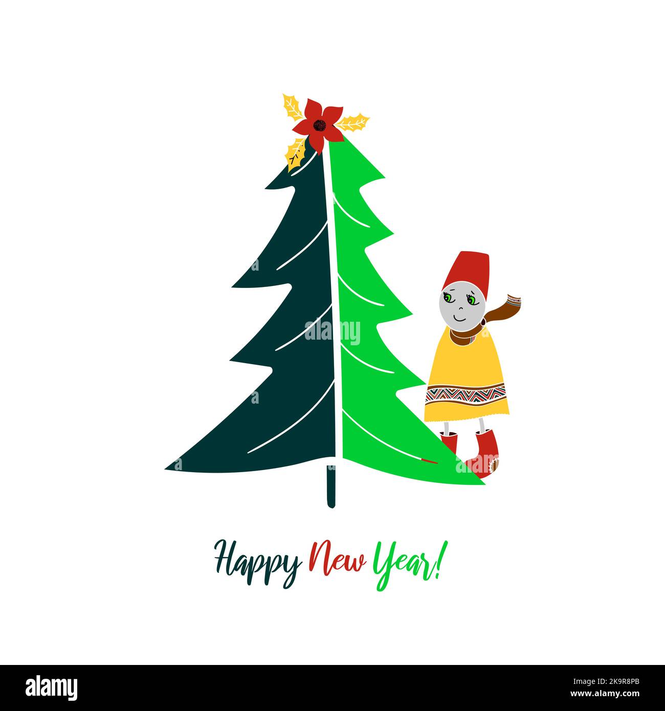 Funny snowman and Christmas tree. Illustration for coloring book, stickers. Happy New Year card. Stock Vector