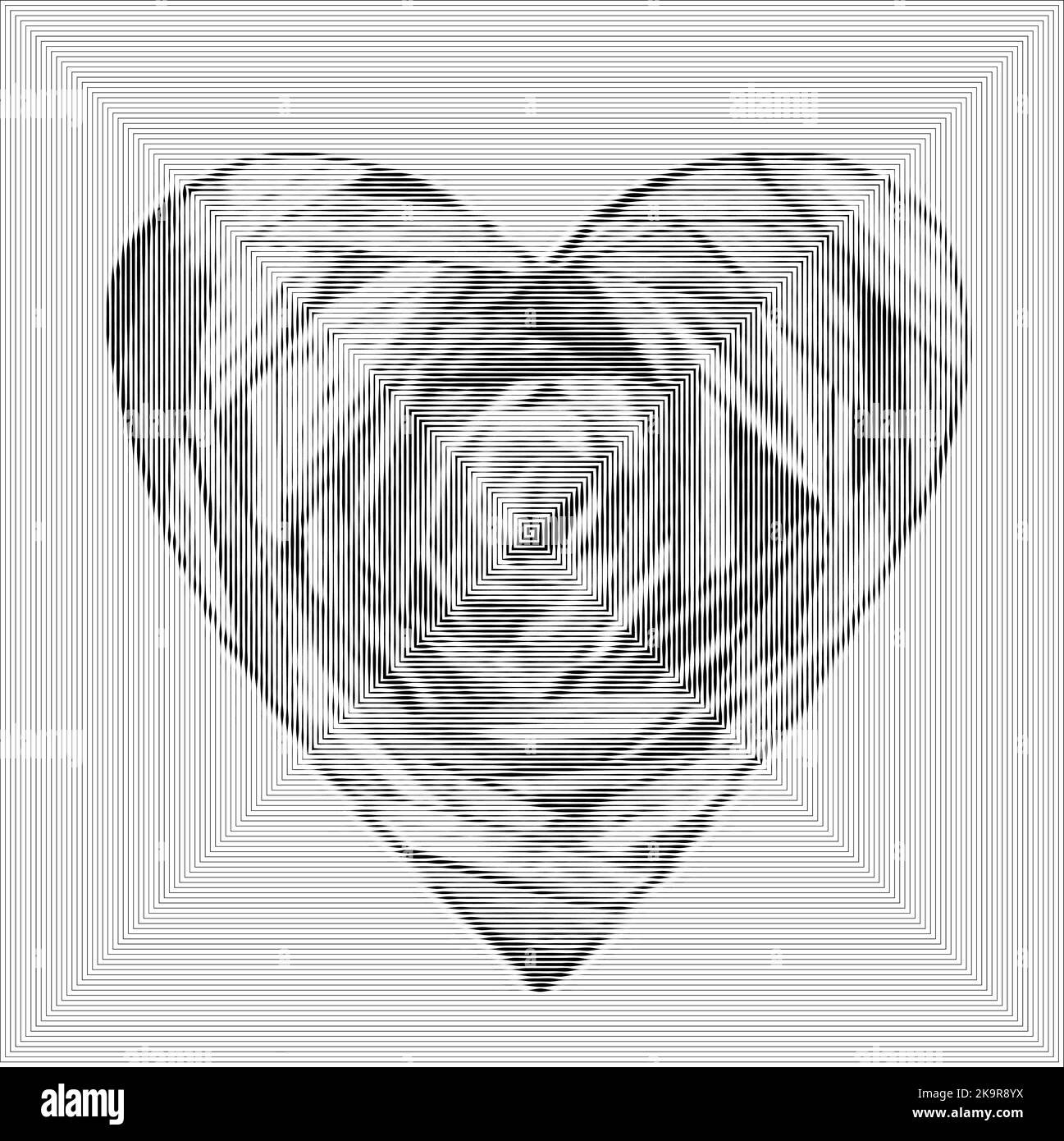 Stylized heart, vector illustration. Empty frame on striped spiral background in circle. Stock Vector