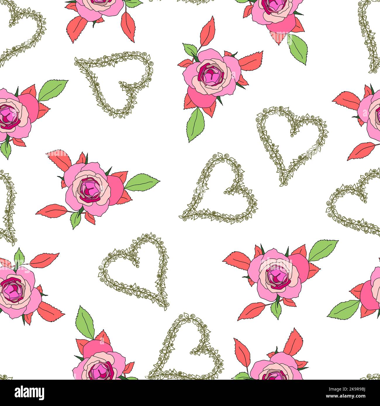 Seamless floral pattern with rose flowers and hearts on white ...
