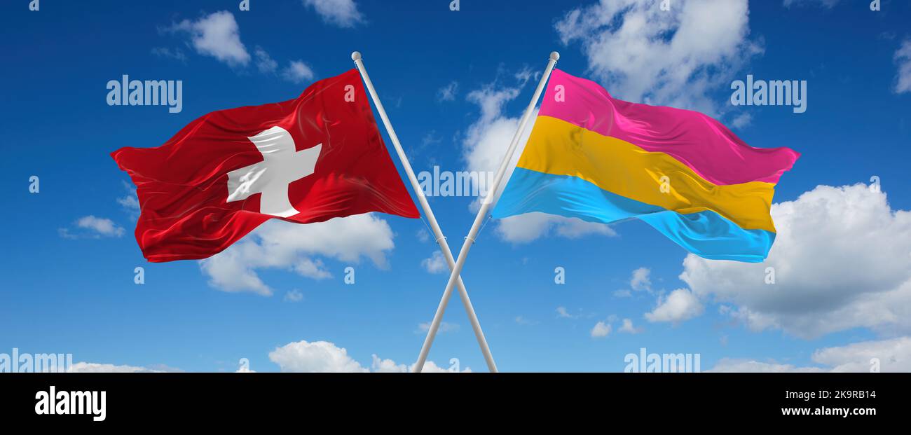 two crossed flags Pansexuality Pride and Switzerland waving in wind at ...