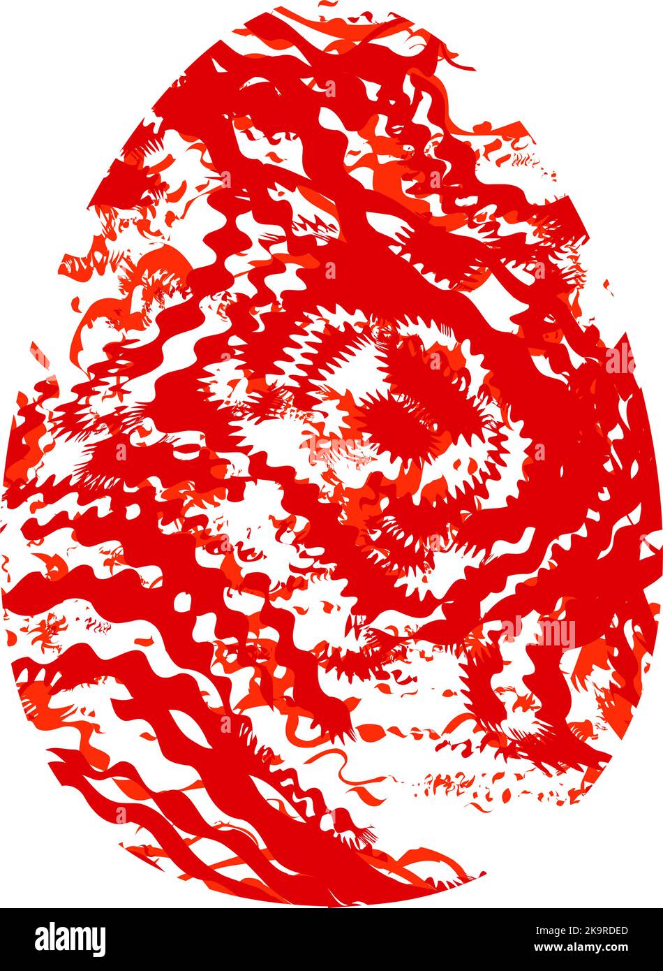 Colored stylized egg with red chaotic distorted stripes. Abstract bright design element. Stock Vector