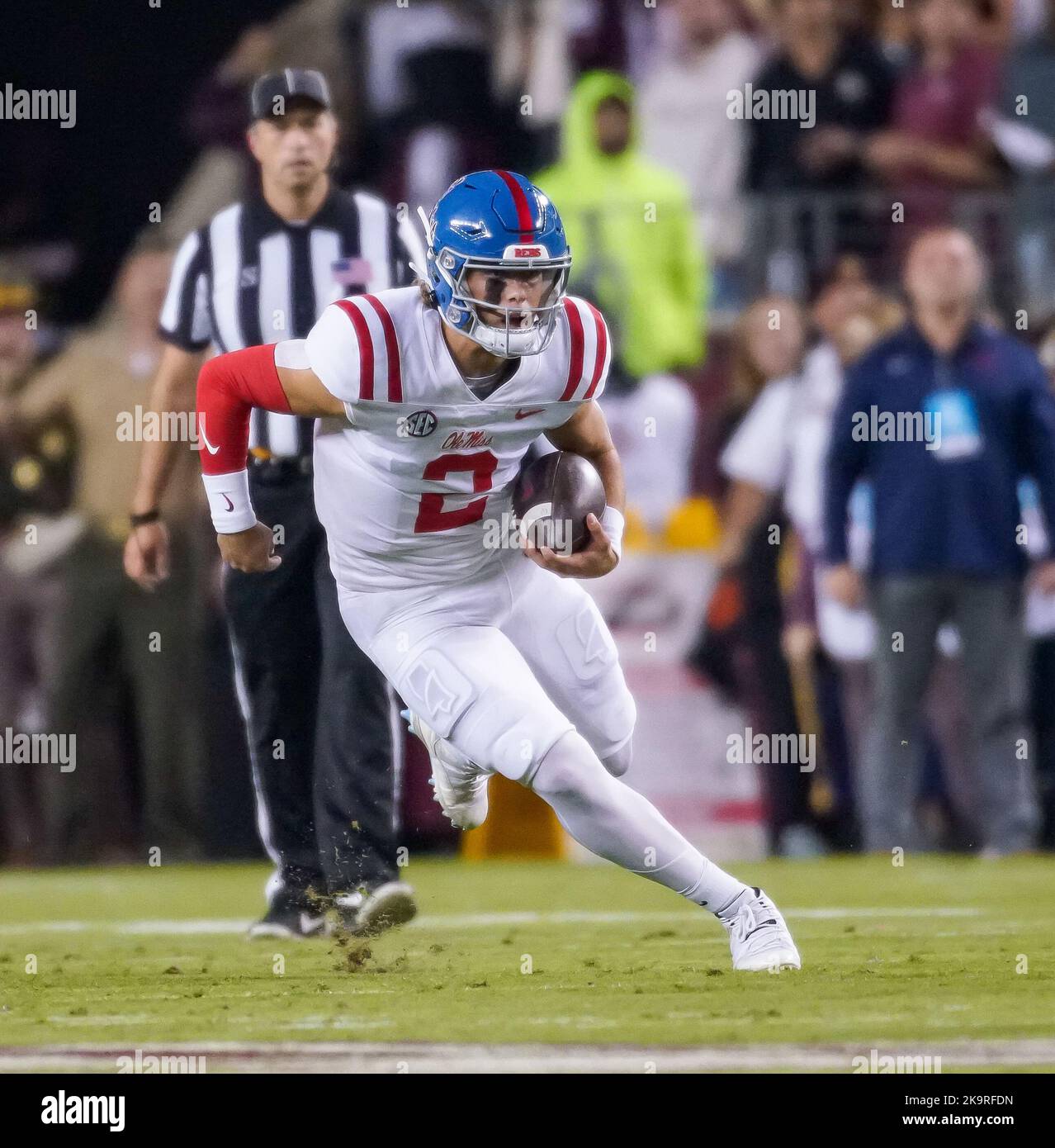 College Station, Texas, U.S.A. 29th Oct, 2022. October 29, 2022- College Station, Texas U.S.A -Ole Miss quarterback JAXSON DART (2) breaks the pockets for a gain in the first half during the game between the Ole Miss Rebels and the Texas A&M Aggies at Kyle Field in College Station, Texas. (Credit Image: © Jerome Hicks/ZUMA Press Wire) Credit: ZUMA Press, Inc./Alamy Live News Stock Photo