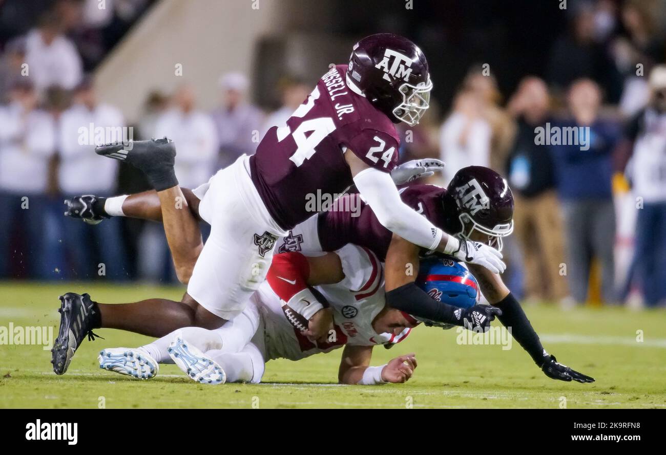 College Station, Texas, U.S.A. 29th Oct, 2022. October 29, 2022- College Station, Texas U.S.A - Ole Miss quarterback JAXSON DART (2) loses his helmet during a tackle during the game between the Ole Miss Rebels and the Texas A&M Aggies at Kyle Field in College Station, Texas. (Credit Image: © Jerome Hicks/ZUMA Press Wire) Credit: ZUMA Press, Inc./Alamy Live News Stock Photo