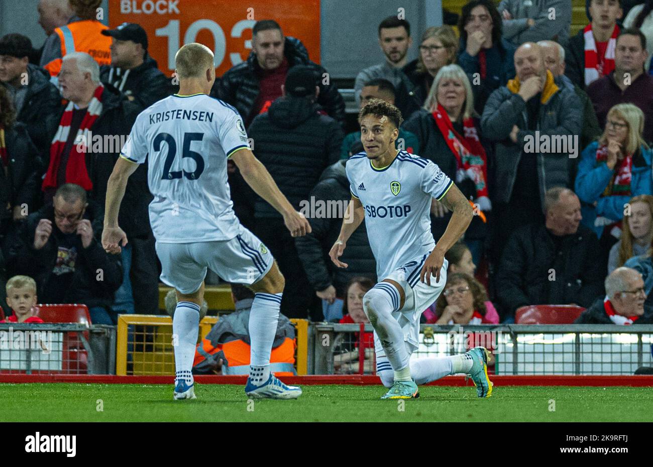 Liverpool. 30th Oct, 2022. Leeds United's Rodrigo Moreno Machado celebrates after scoring during the English Premier League match between Liverpool and Leeds United in Liverpool, Britain, on Oct. 29, 2022. Credit: Xinhua/Alamy Live News Stock Photo