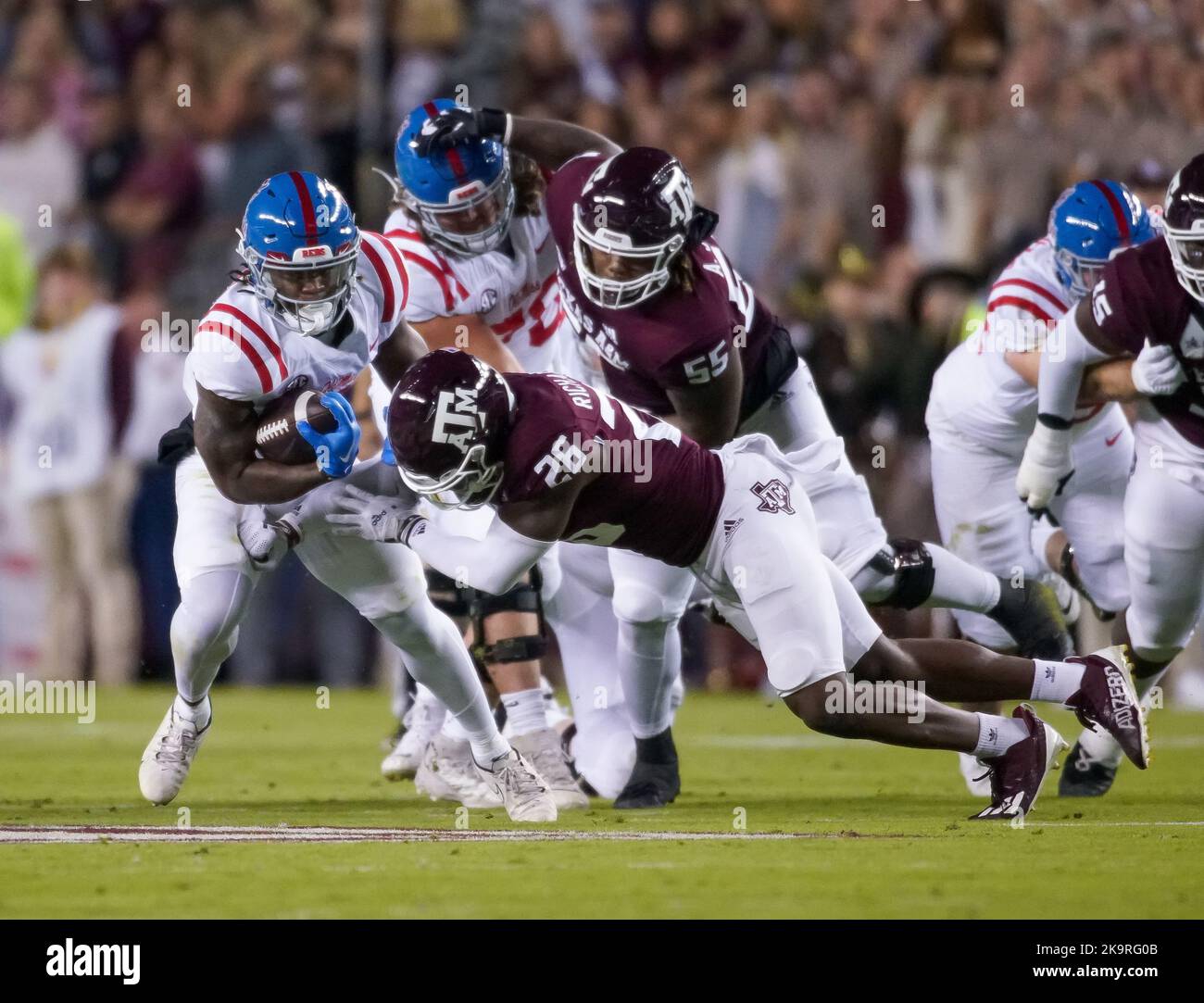 College Station, Texas, U.S.A. 29th Oct, 2022. October 29, 2022- College Station, Texas U.S.A- Ole Miss QUINSHON JUDKINS (4) breaks away from a Texas A&M defenders the first half during the game between the Ole Miss Rebels and the Texas A&M Aggies at Kyle Field in College Station, Texas. (Credit Image: © Jerome Hicks/ZUMA Press Wire) Credit: ZUMA Press, Inc./Alamy Live News Stock Photo