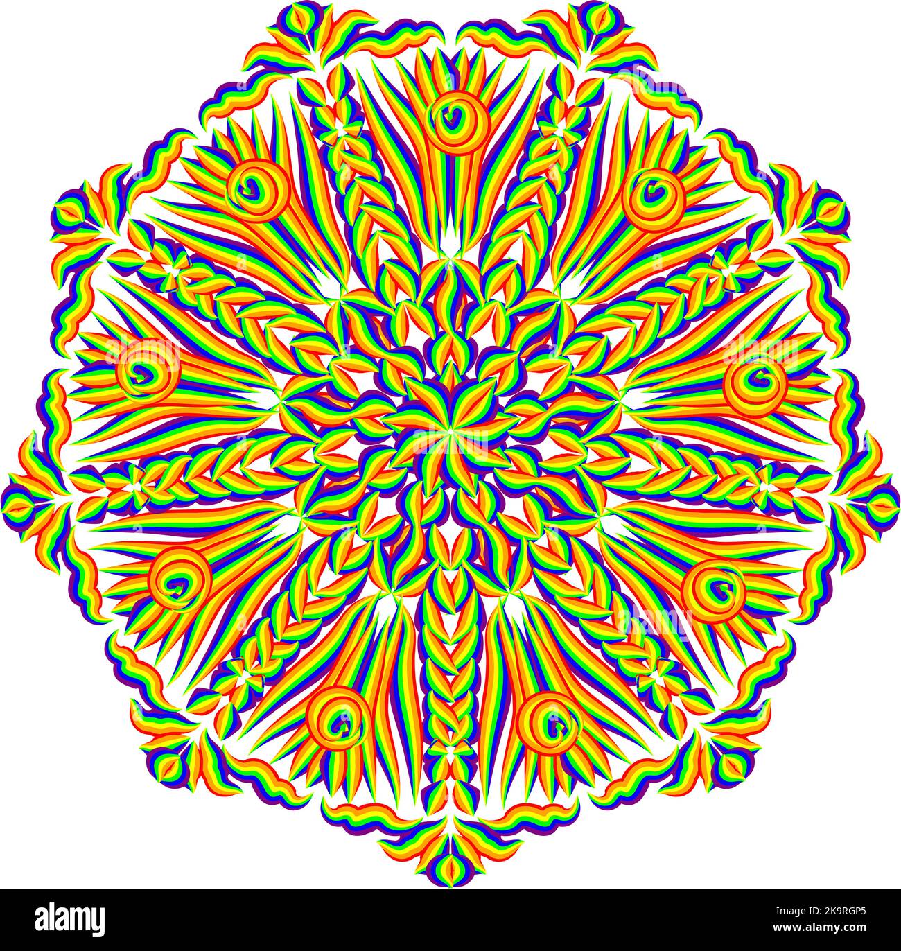 Abstract stylized rainbow line mandala pattern. Round decorative ornament design. Stock Vector