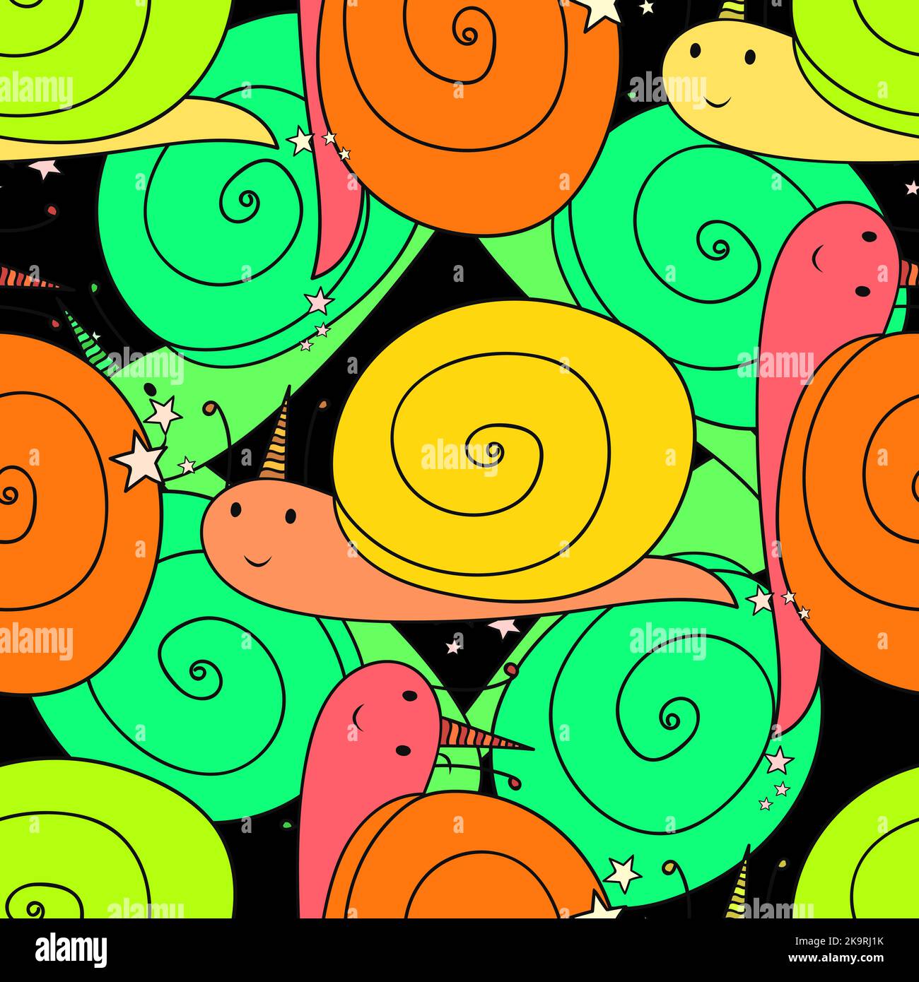 Seamless pattern. Snails with horn. Cute cartoon characters. Design element. Decorative background. Stock Vector