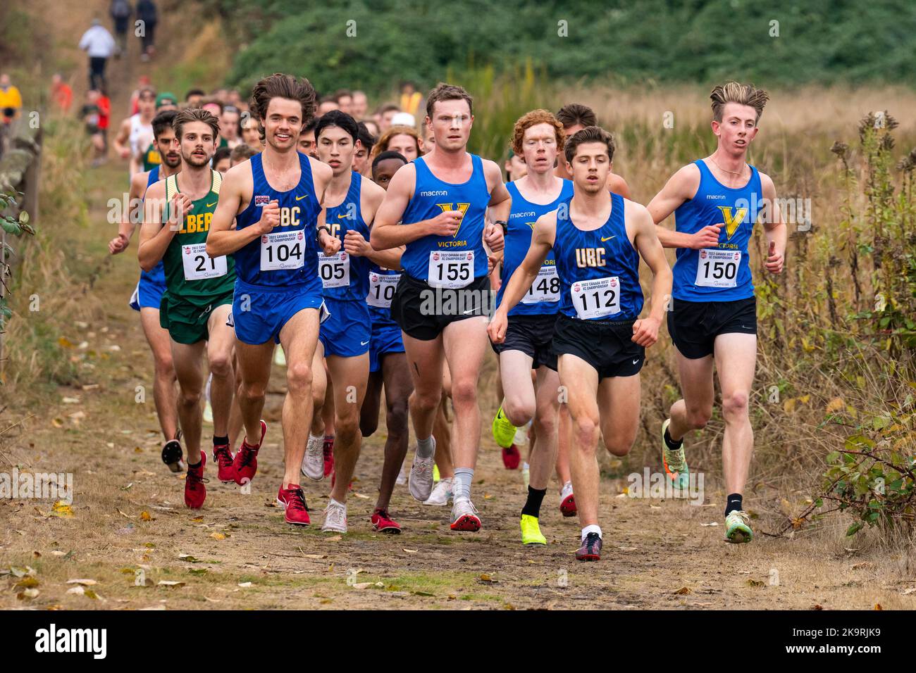 Abbotsford, Canada. 29th Oct, 2022. Pictured left to right, Tyler Dozzi, Gabe Vanhezewijk, and John Perrier lead the pack in Men's race at 2022 Canada West Cross Country Championships. Credit: Zhengmu Wang/Alamy Live News Stock Photo