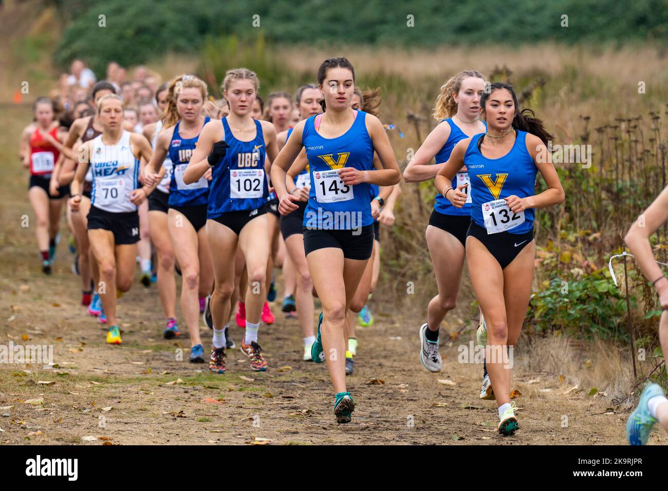 Abbotsford, Canada. 29th Oct, 2022. Pictured left to right, Christina Peet-Williams and Delaney Chan of Victoria Vikes compete in Women's race at 2022 Canada West Cross Country Championships. Credit: Zhengmu Wang/Alamy Live News Stock Photo