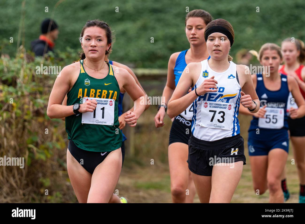 Abbotsford, Canada. 29th Oct, 2022. Pictured left to right, Kaitlin Swartz of Alberta Golden Bears and Pandas and Abigail Yamechuk of UBC Okanagan Heat compete in Women's race at 2022 Canada West Cross Country Championships. Credit: Zhengmu Wang/Alamy Live News Stock Photo