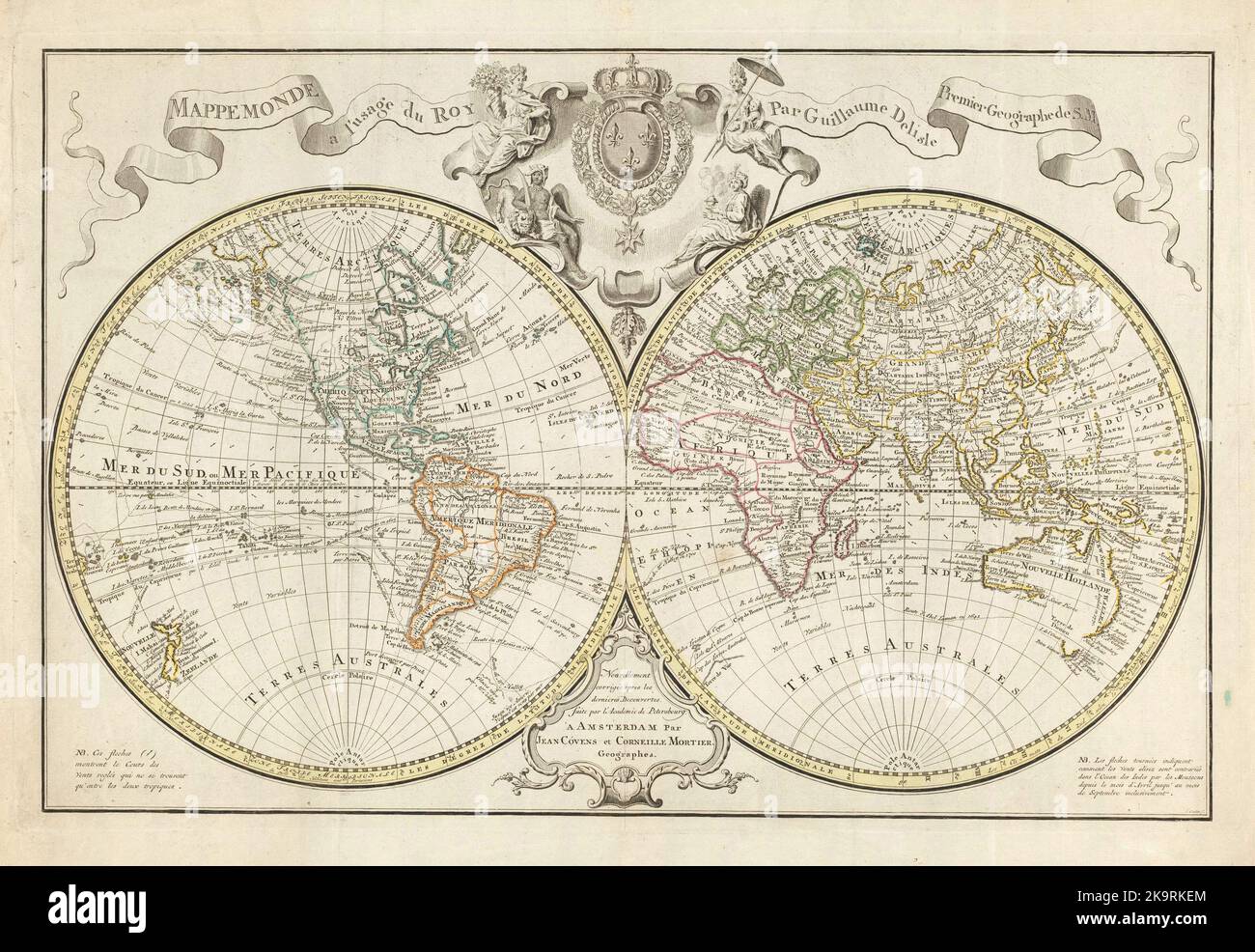 Vintage decorated 18th century French map of the world using two hemispheres by Guilluame Delisle Stock Photo