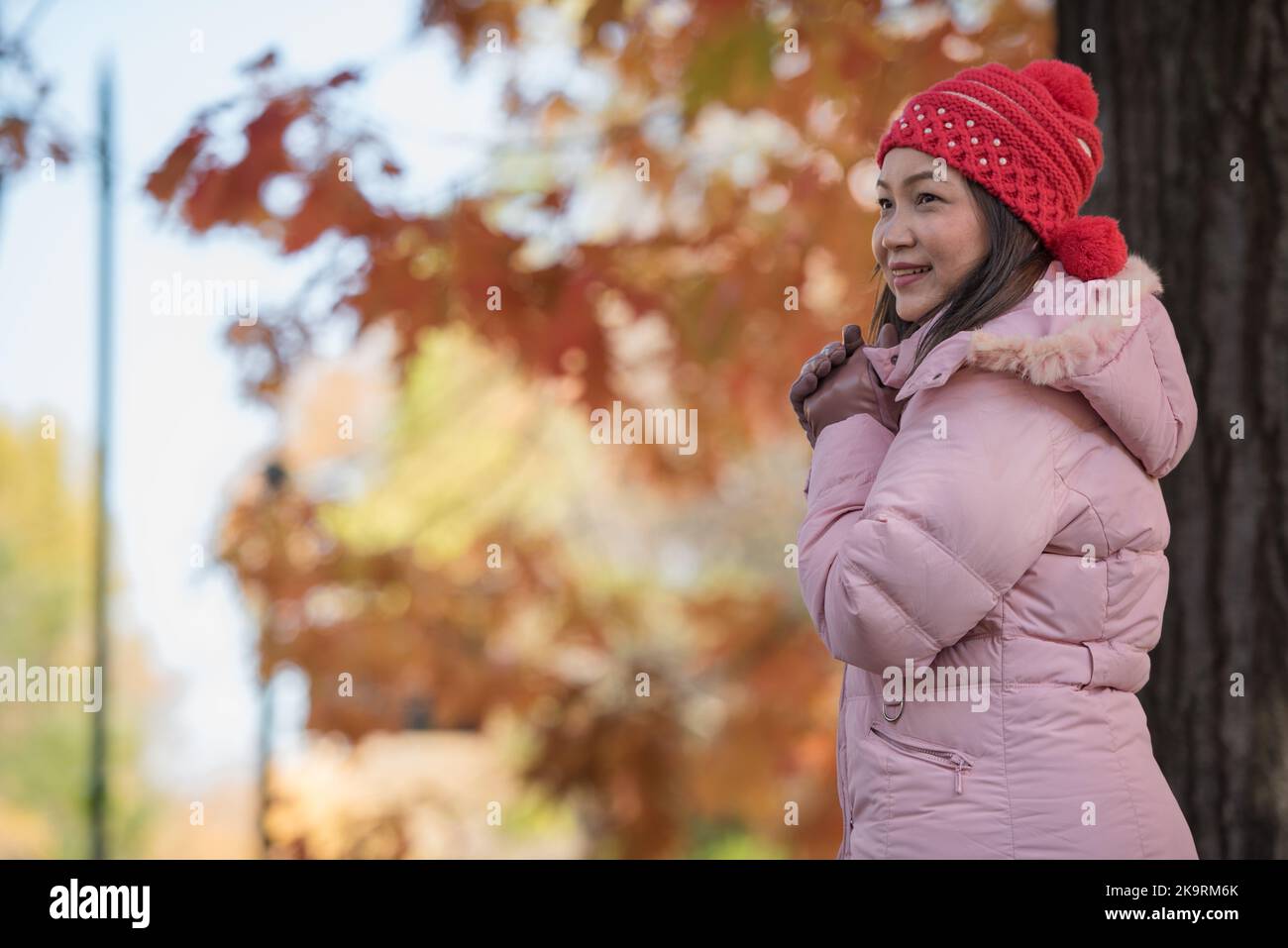Asia woman feel cold in the park wearing winter accessories, pink sweater, gloves and crochet hats. Stock Photo