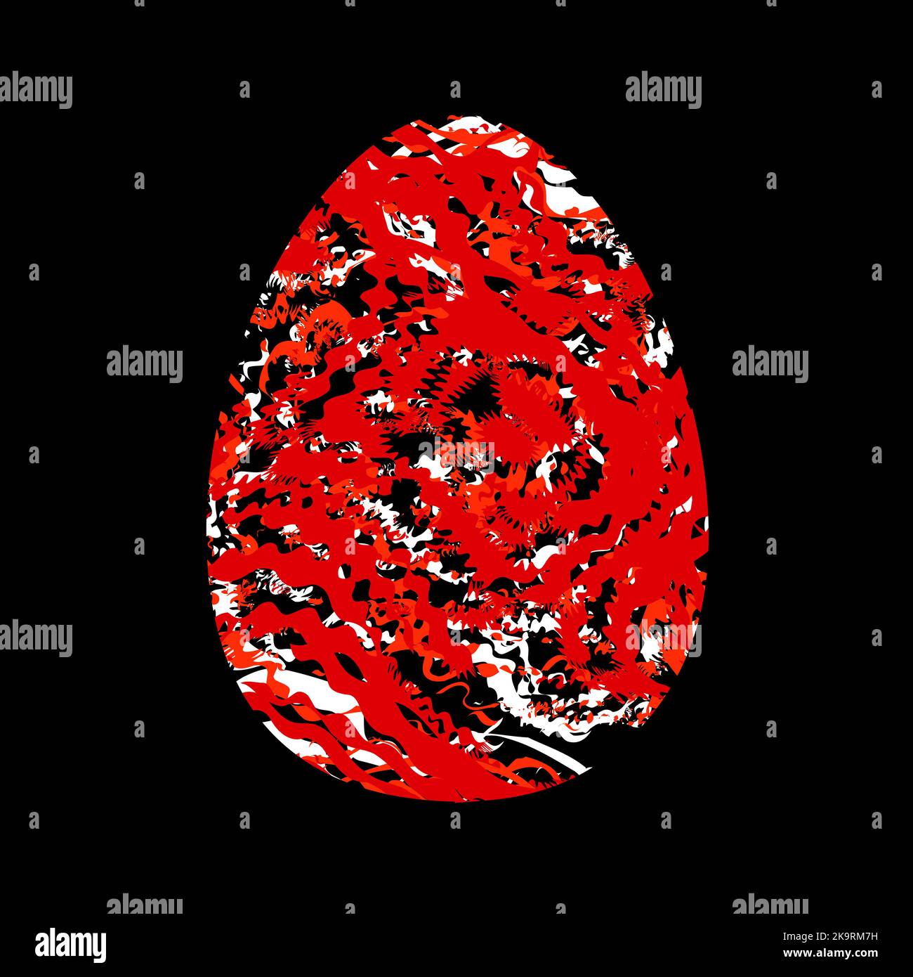 Colored stylized egg with red chaotic distorted stripes. Abstract bright design element on black background. Stock Vector