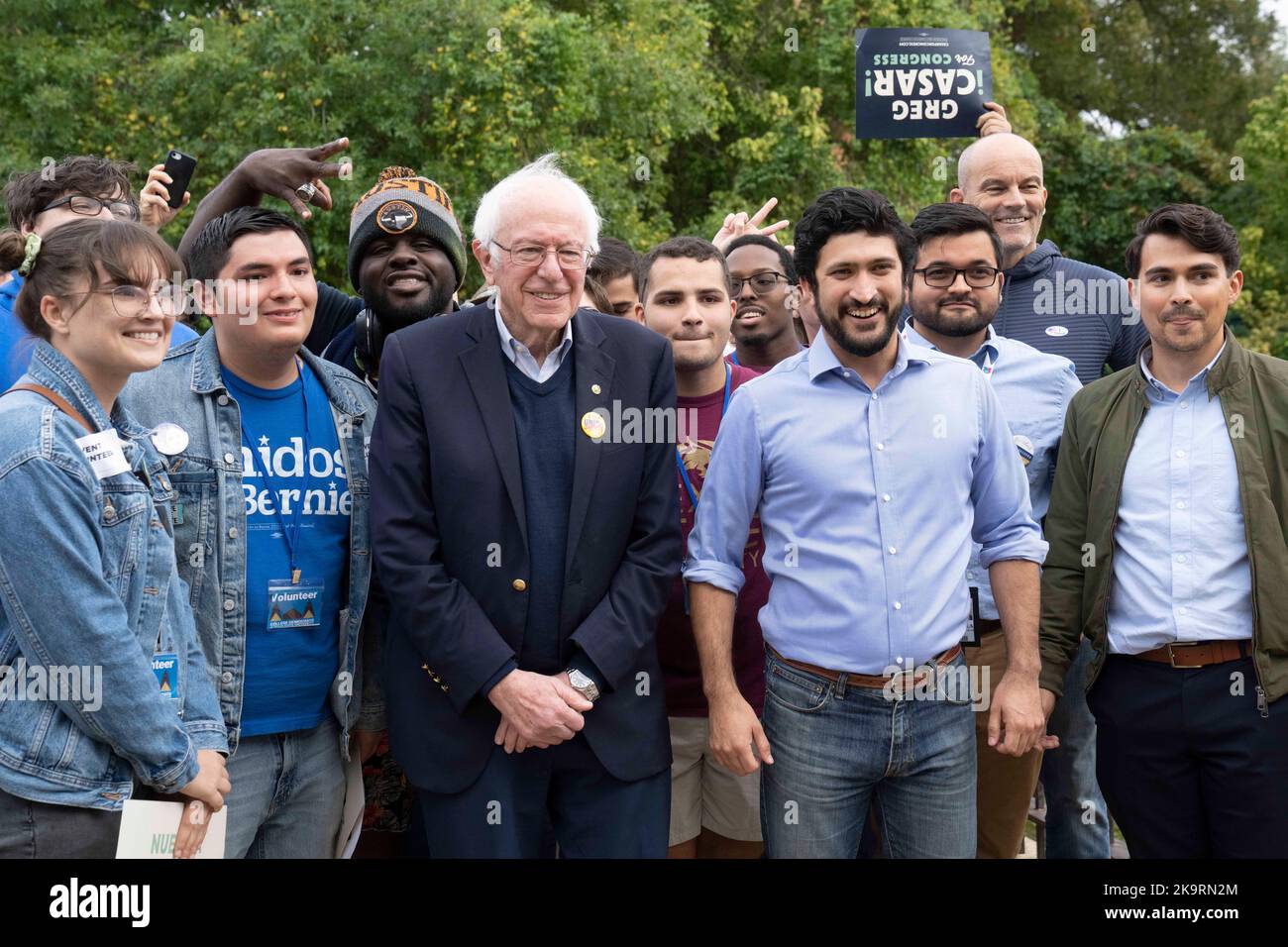 San Marcos, TX, USA. 29th Oct, 2022. Democratic U.S. Senator BERNIE SANDERS, l, (D-VT) walks through Sewell Park to a polling station at the Texas State campus and get out the vote rally on October 29, 2022. with House Democratic candidate GREG CASAR. The rally was held on the Texas State campus in advance of the crucial November midterm elections. Casar is a former Austin city council member. (Credit Image: © Bob Daemmrich/ZUMA Press Wire) Stock Photo