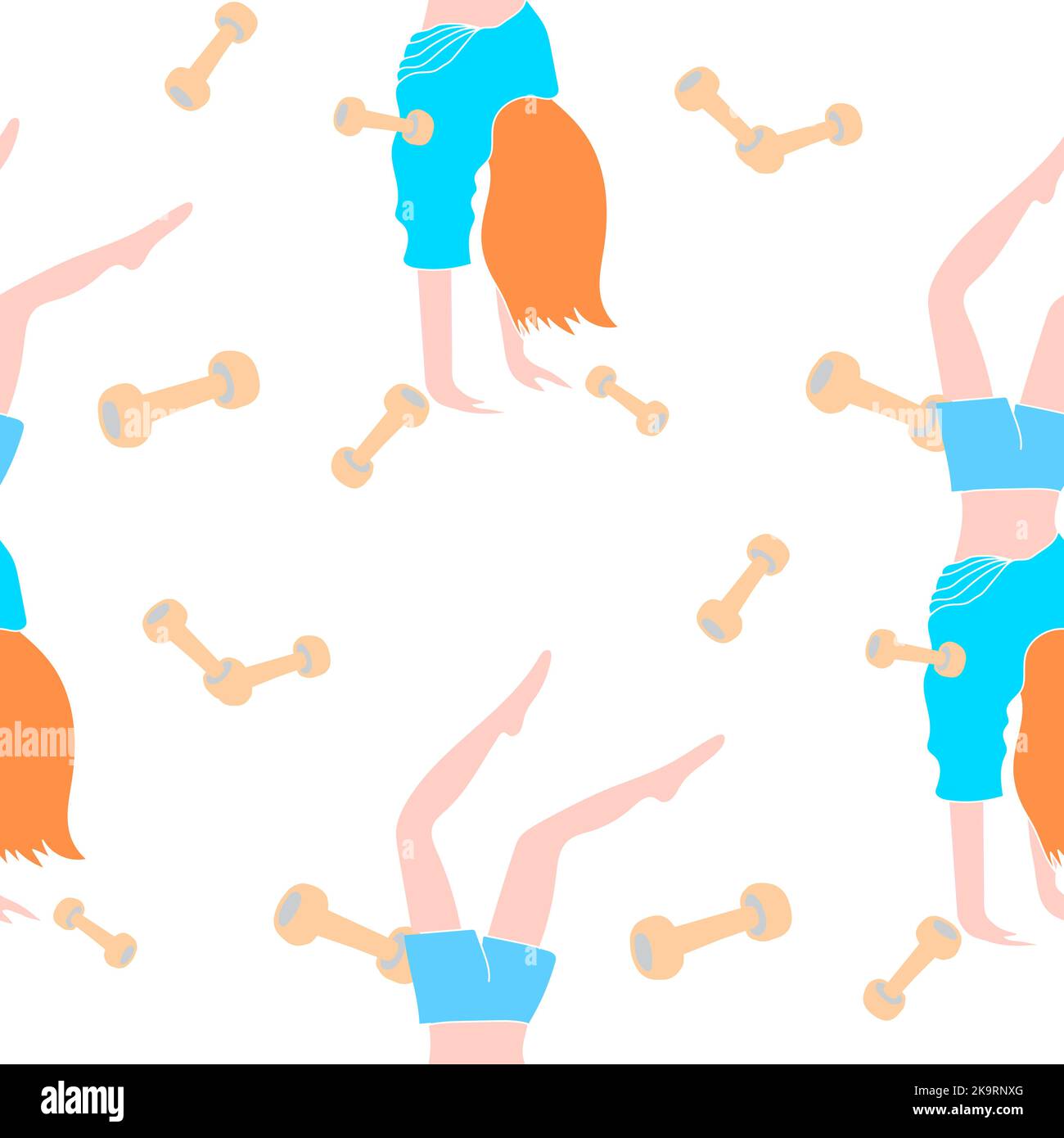 Seamless pattern. Woman with red hair in blue dress doing her headstands. Sport fitness colorful background with dumbbells. Stock Vector