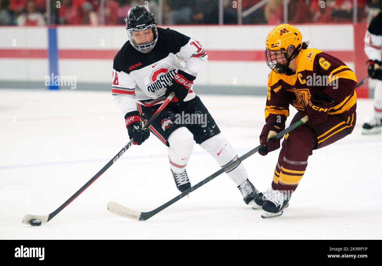 Columbus, Ohio, USA. 29th Oct, 2022. Ohio State Buckeyes defenseman Sophie Jaques (18) goes one on one against Minnesota Golden Gophers defenseman Gracie Ostertag (6) in their game in Columbus, Ohio. Brent Clark/CSM/Alamy Live News Stock Photo
