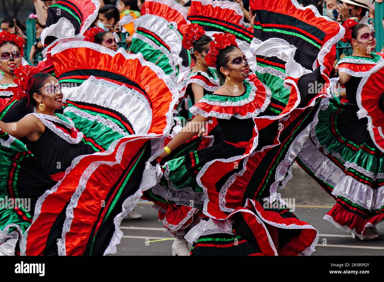 Mexico City, Mexico. 29th Oct, 2022. Traditional Mexican dancers perform in costumes during the Grand Parade of the Dead to celebrate Dia de los Muertos holiday on Paseo de la Reforma, October 29, 2022 in Mexico City, Mexico. Credit: Richard Ellis/Richard Ellis/Alamy Live News Stock Photo