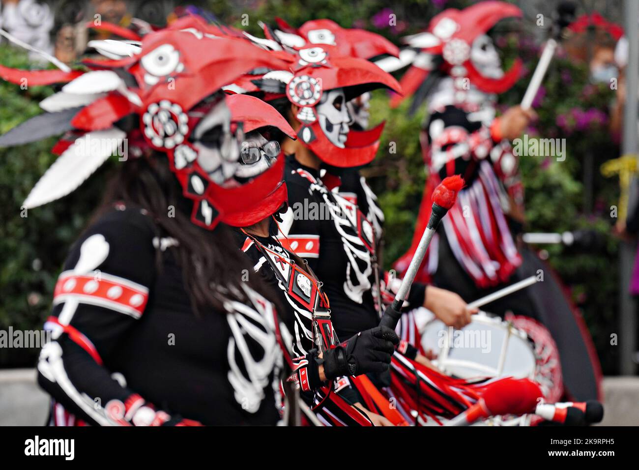 Mexico City, Mexico. 29th Oct, 2022. A marching band from England dressed in skeleton costumes perform at the Grand Parade of the Dead to celebrate Dia de los Muertos holiday on Paseo de la Reforma, October 29, 2022 in Mexico City, Mexico. Credit: Richard Ellis/Richard Ellis/Alamy Live News Stock Photo