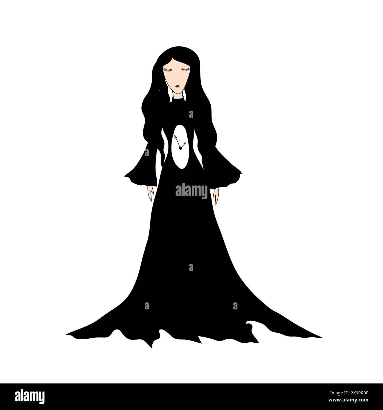 Woman with long hair in black dress holds and clock. Vector ...