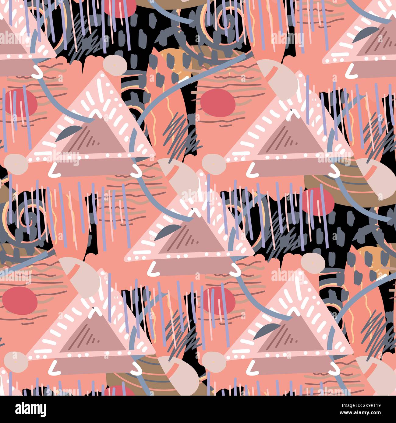 Abstract seamless pattern with triangles, lines, blots and other shapes Stock Vector