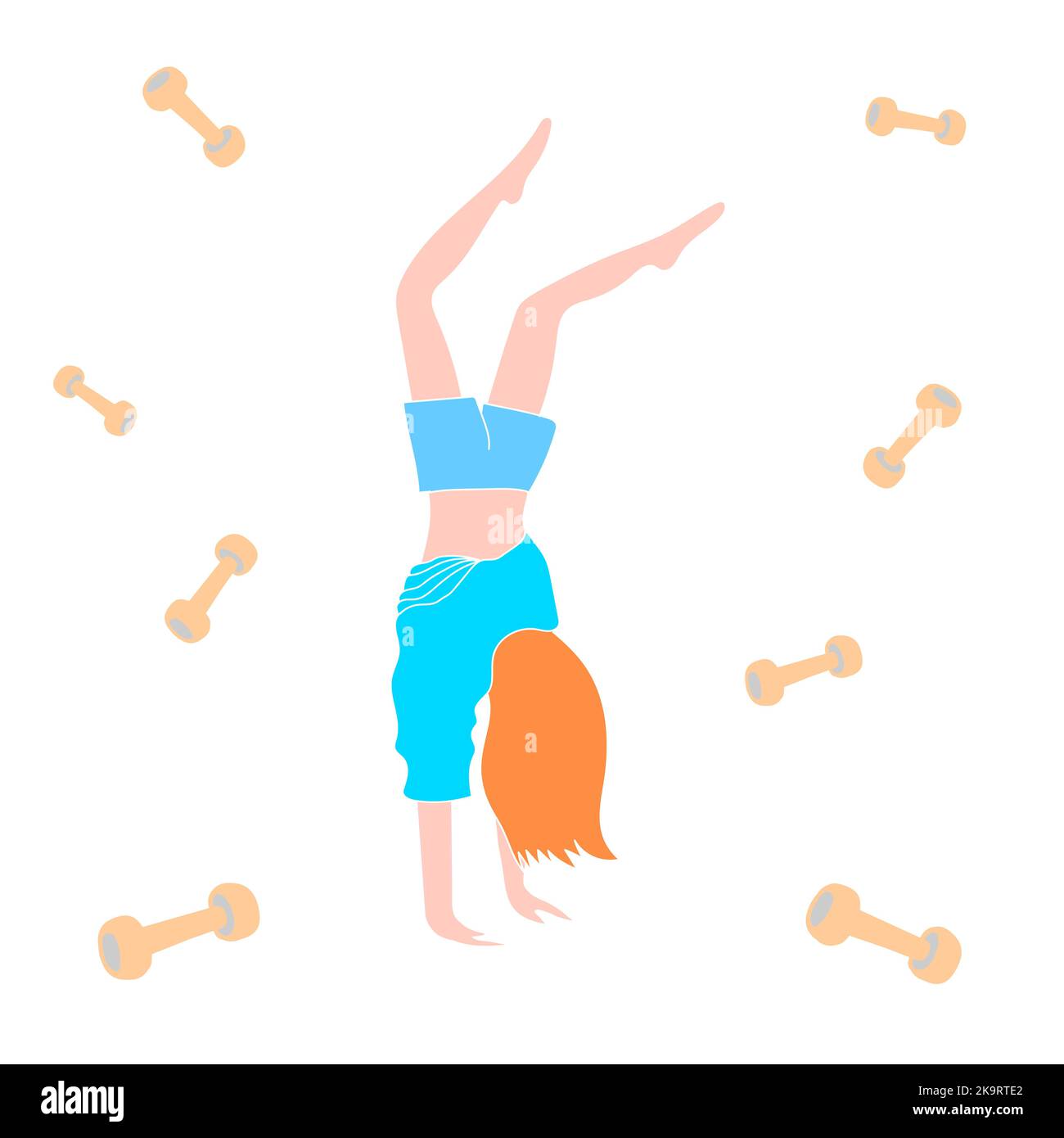 Woman with red hair in blue dress doing her headstands. Sport fitness colorful background with dumbbells. Stock Vector