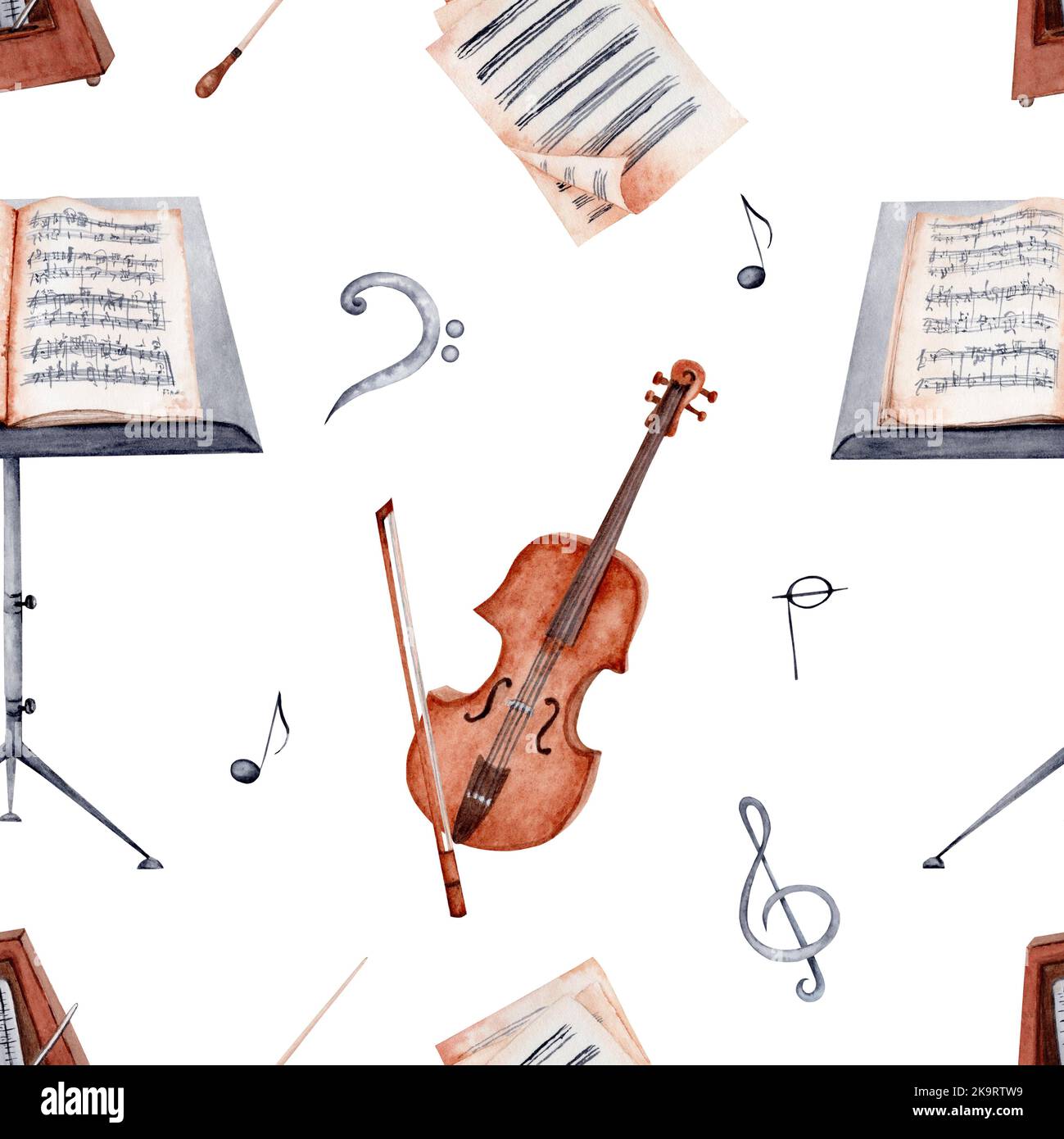 Violin, Music Stand, Notes and Sheet Music watercolor seamless pattern on white background. For  wrapping paper, fabric and other printing designs Stock Photo