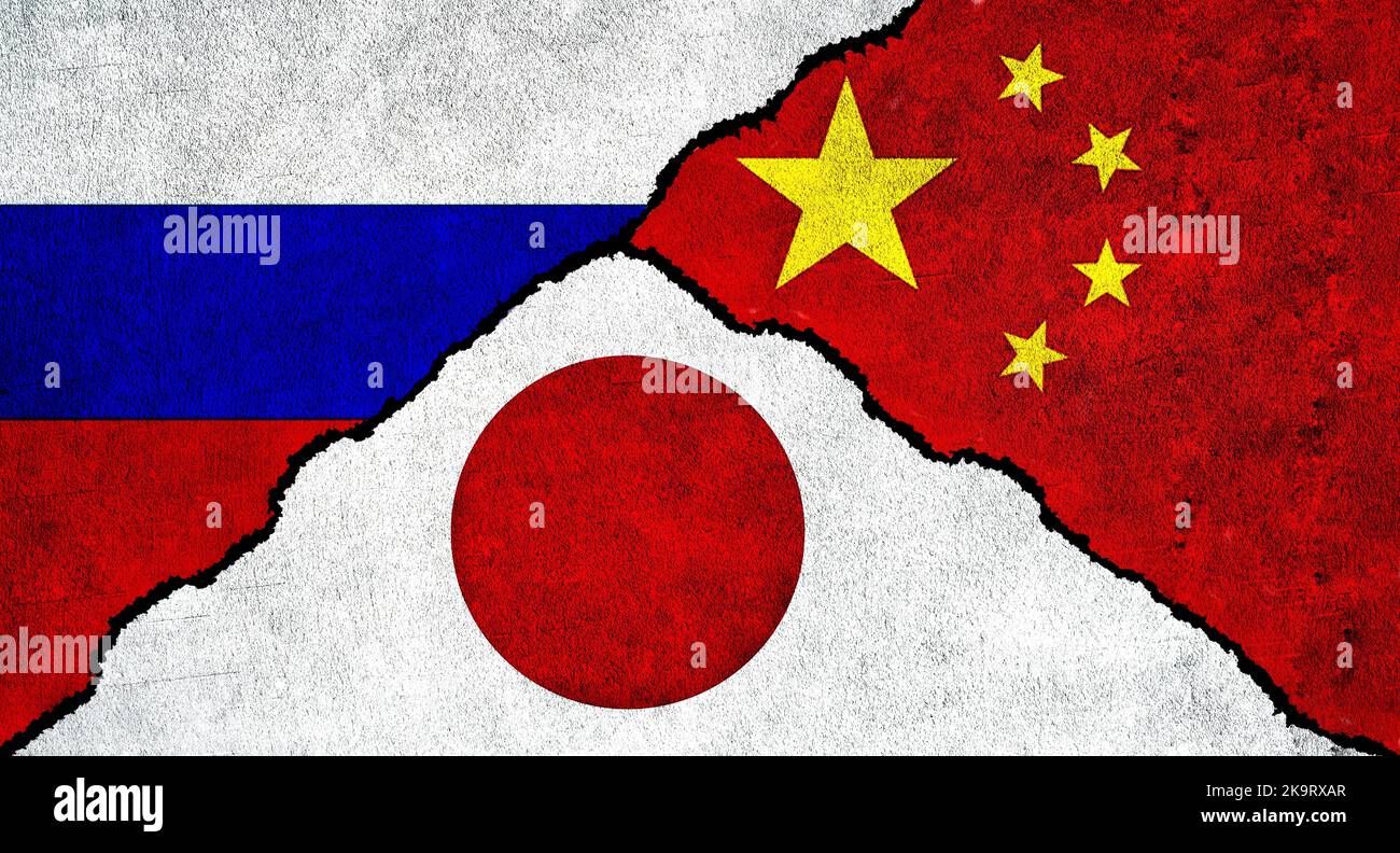 Russia, China and Japan flag together on wall. Diplomatic relations between Russia, Japan and China Stock Photo