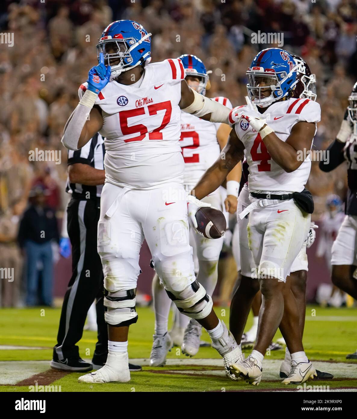 College Station, Texas, U.S.A. 29th Oct, 2022. October 29, 2022- College Station, Texas U.S.A - Ole Miss MICAH PETTUS (57) and QUINSHON JUDKINS (4) silence the crowd after scoring a touchdown during the game between the Ole Miss Rebels and the Texas A&M Aggies at Kyle Field in College Station, Texas. (Credit Image: © Jerome Hicks/ZUMA Press Wire) Credit: ZUMA Press, Inc./Alamy Live News Stock Photo