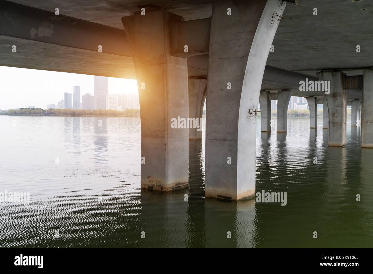 Bottom shot of the large bridge on the sea Stock Photo