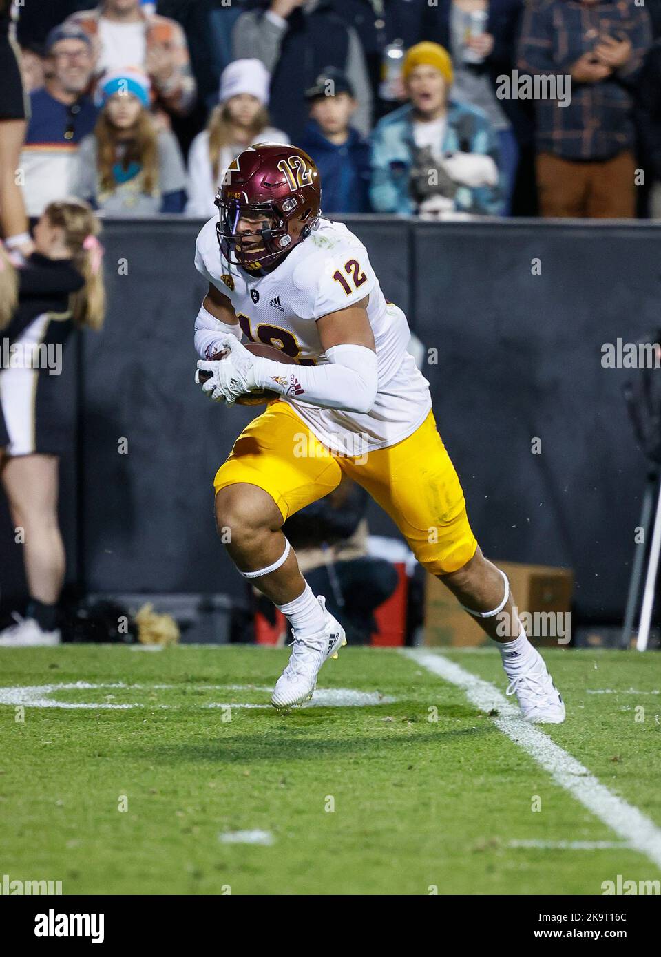 Boulder, CO, USA. 29th Oct, 2022. Arizona State Sun Devils tight end Jalin Conyers (12) looks for the endzone in the football game between Colorado and Arizona State in Boulder, CO. Derek Regensburger/CSM/Alamy Live News Stock Photo