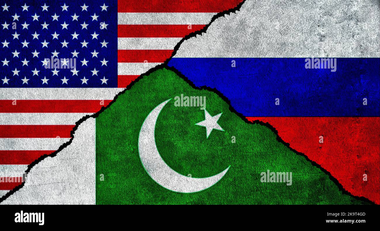 USA, Pakistan, and Russia flag together on a textured wall. Relations between Russia, Pakistan and United States of America Stock Photo