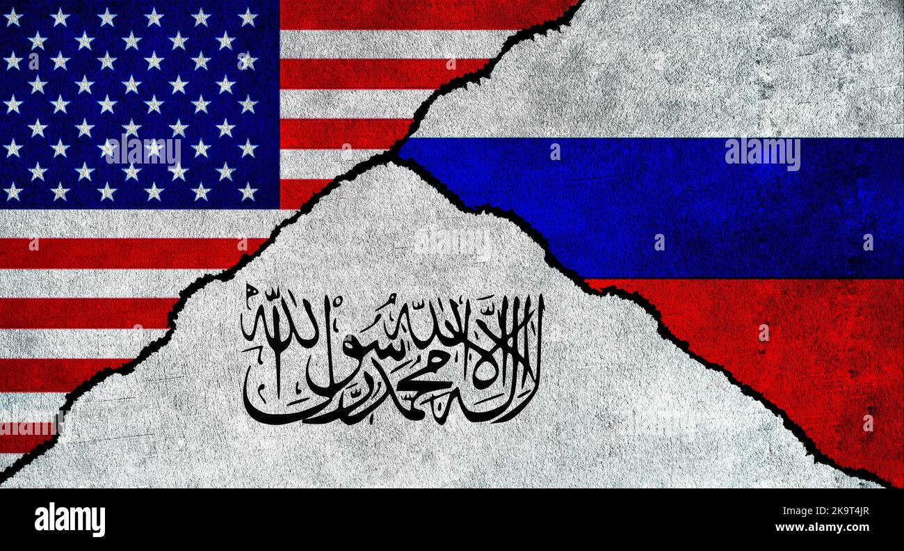 USA, Russia and Taliban flag together on a textured wall. Relations between Russia, Afghanistan and United States of America Stock Photo