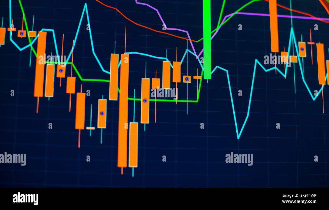 candlestick chart on blue theme screen, market volatility, up and down ...