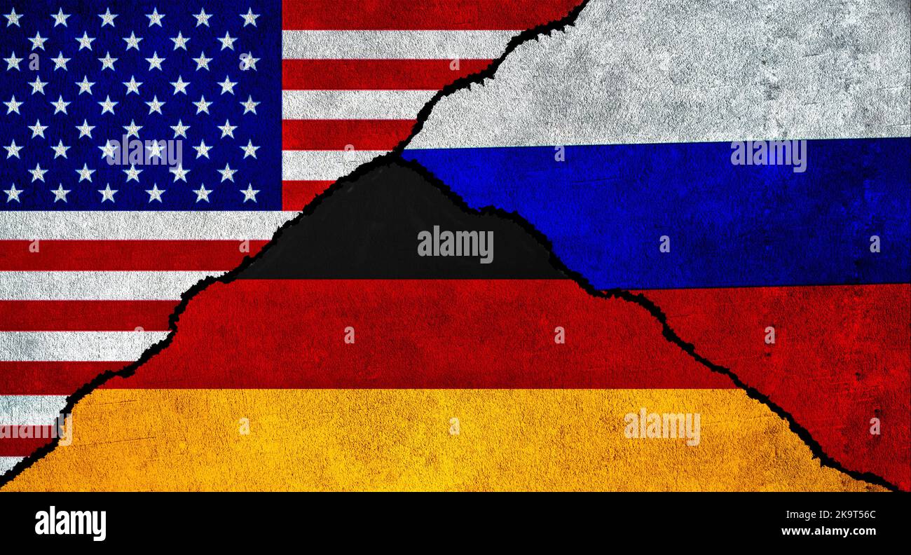 USA, Russia and Germany flag together on a textured wall Stock Photo