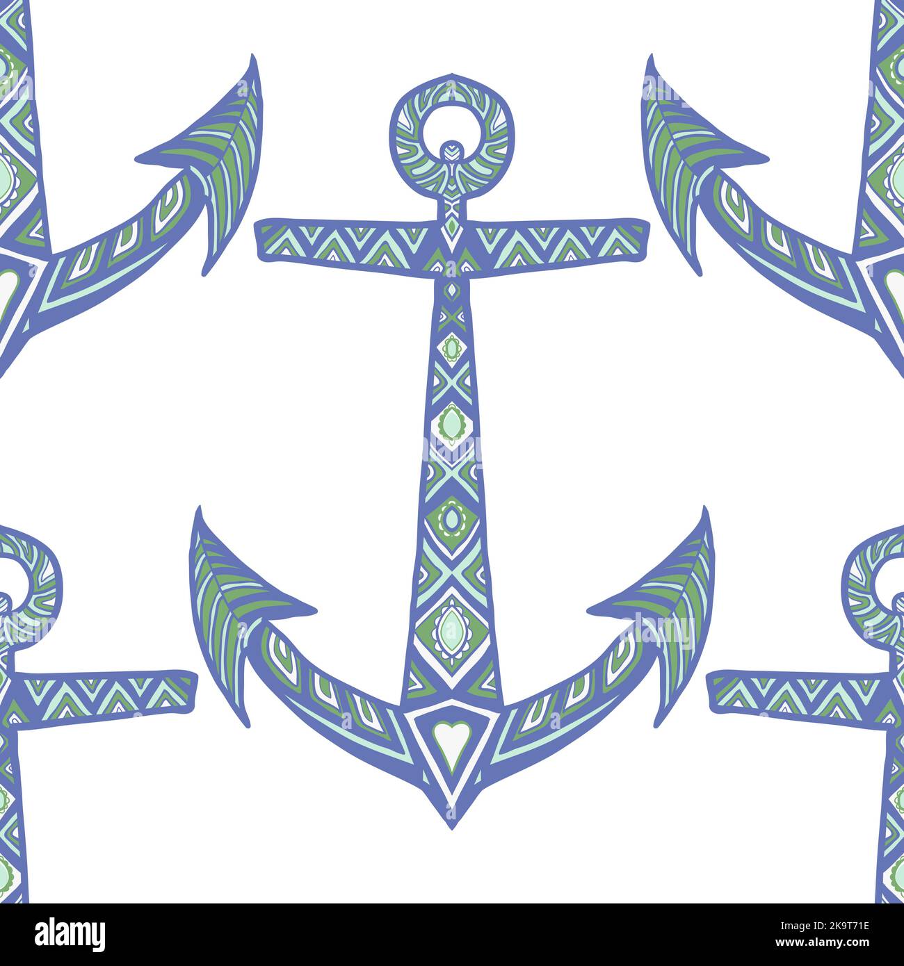 Seamless decorative pattern with ornate hand drawn anchors. Stock Vector