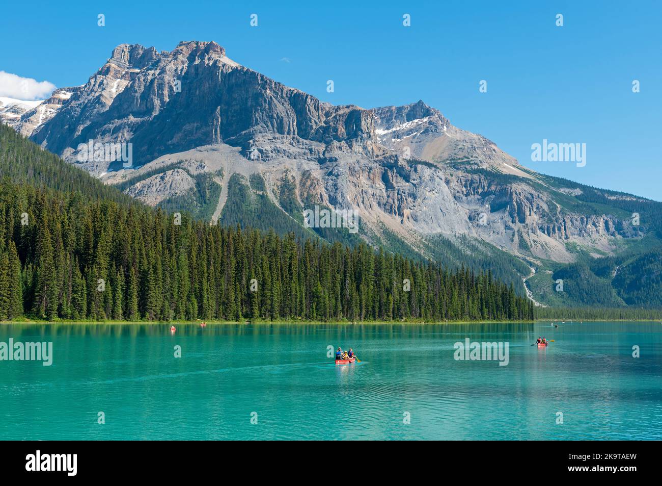 Emerald lake with people doing kayak, Yoho national park, British Columbia, Canada. Stock Photo