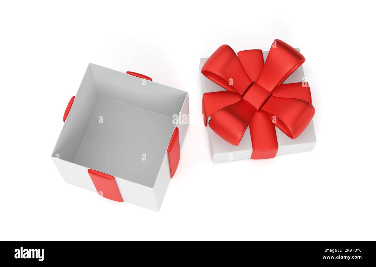Open empty gift box top view. White box with red ribbon and bow. isolated on white background. 3d render. Stock Photo