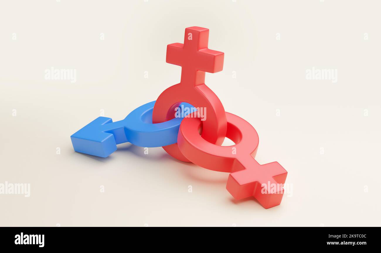 Polyamory. Lots of sexual partners. Gender symbol of a man and two lesbians women . 3d render. Stock Photo