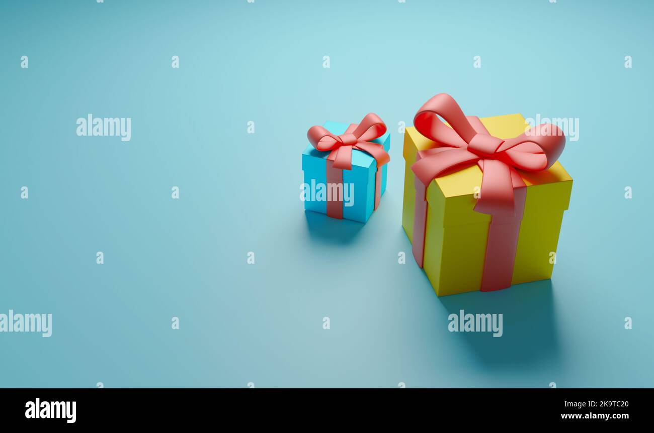 Gift boxes on a blue background with free space for text. mock-up. 3d render. Stock Photo