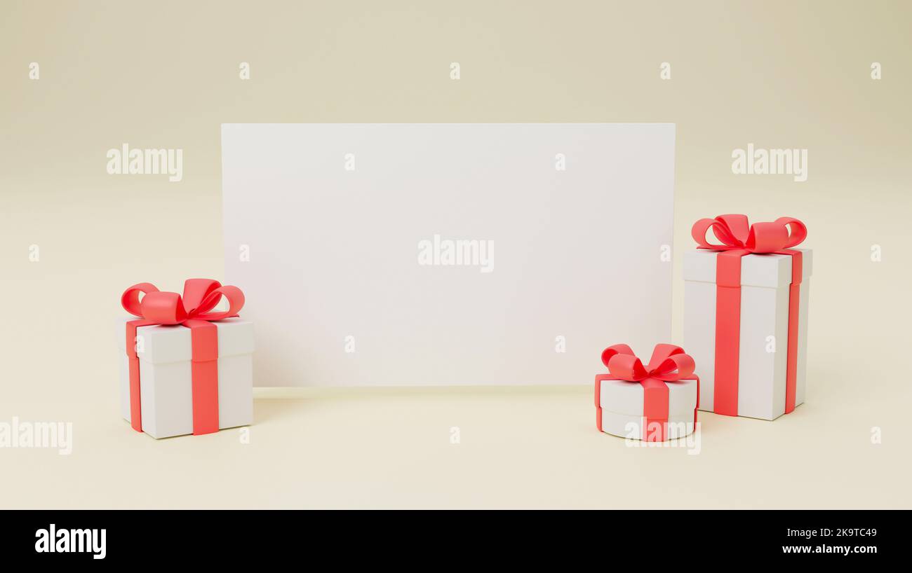 Gift boxes with blank banner for mock-up. 3d render. Stock Photo