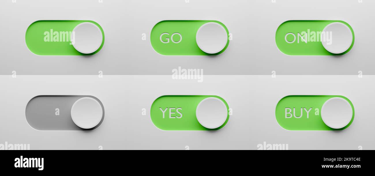 Toggle switch buttons set template. Green switch ON, GO, YES, BUY. Switch design for app or website. 3d render. Stock Photo