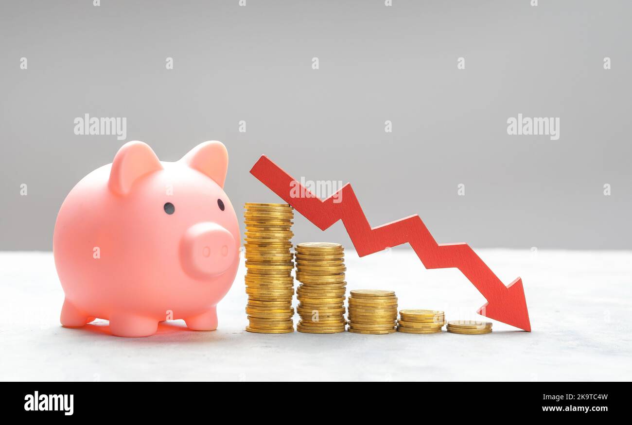 Loss of savings. Pig piggy bank and coins with a red down arrow. Stock Photo