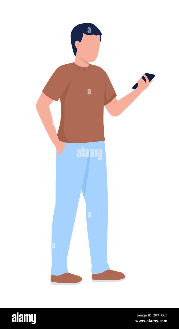 Man holding mobile phone semi flat color vector character Stock Vector