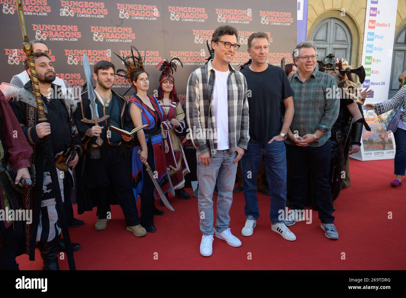 Lucca, Italy. 29th Oct, 2022. Lucca, Italy - October 29, 2022: Preview of the film Dungeons and dragons the honor of thieves at Lucca Comics and Games 2022, in the photo directors Jonathan Goldstein, John Francis Daley, and producer Jeremy Latcham. Credit: Stefano Dalle Luche/Alamy Live News Stock Photo