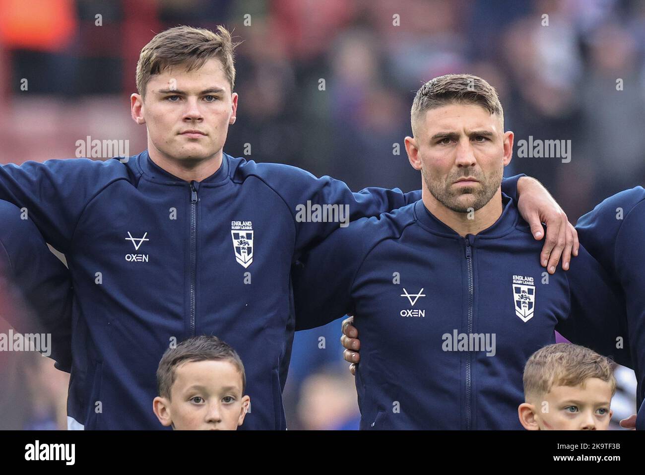 Jack Welsby of England and Tommy Makinson of England during the Rugby League World Cup 2021