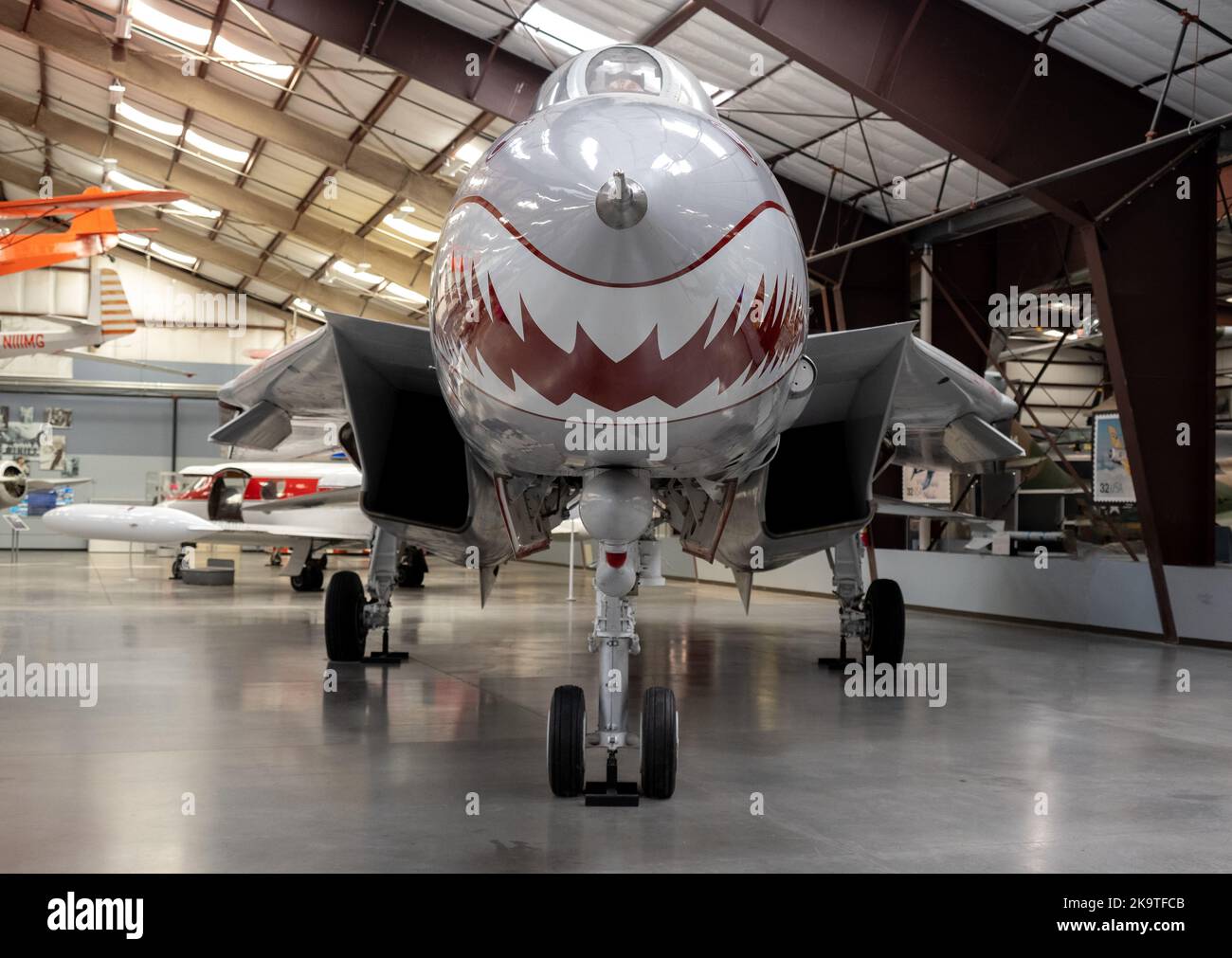 A F-14 Tomcat with shark teeth painted on the nose at the Pima Air and Space Museum Stock Photo