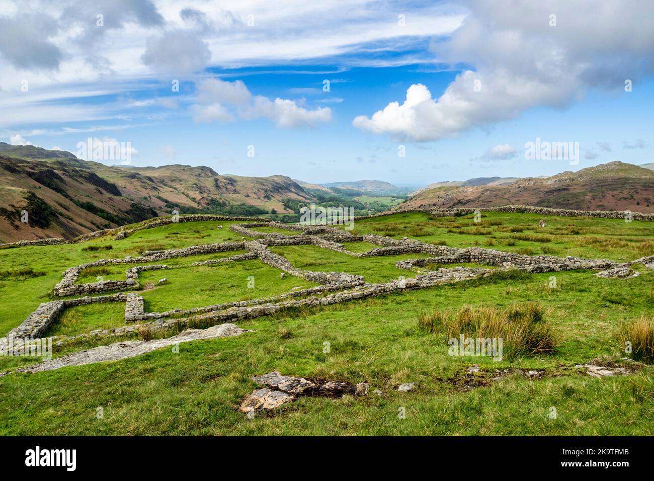 The remains of the Roman fort at Mediobogdum, Hardknott Pass , Cumbria, looking down Eskdale. Stock Photo