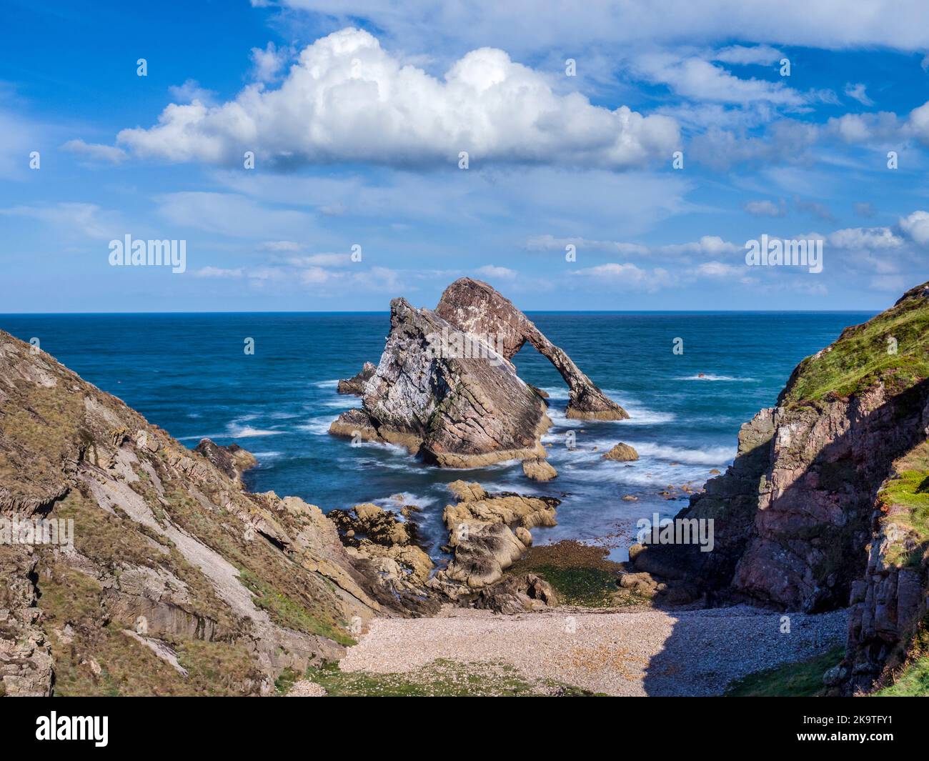 Bow Fiddle Rock, a sea stack at Portknockie, on the Moray Firth, Moray, Scotland. Stock Photo